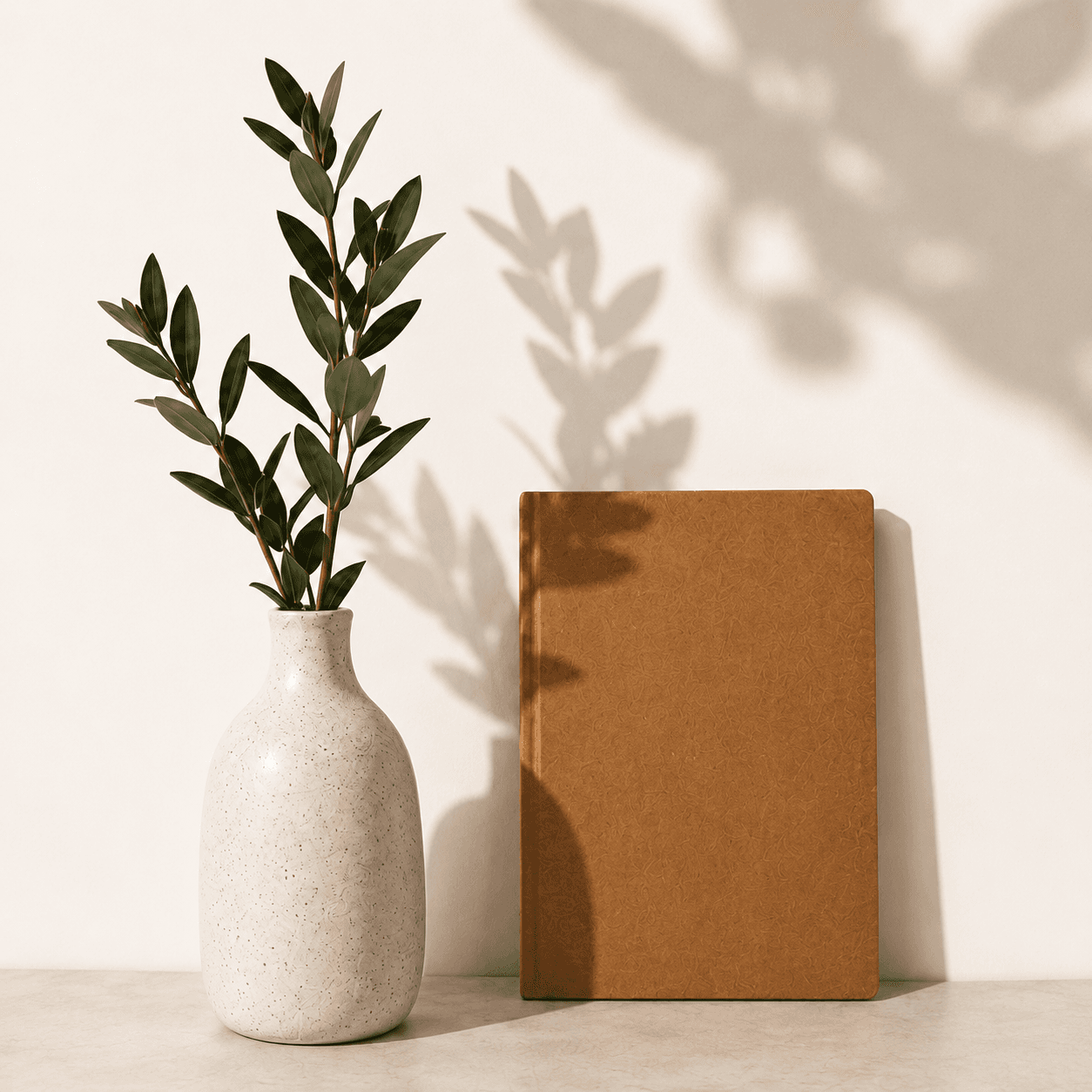 Ceramic vase with an olive branch beside a kraft notebook