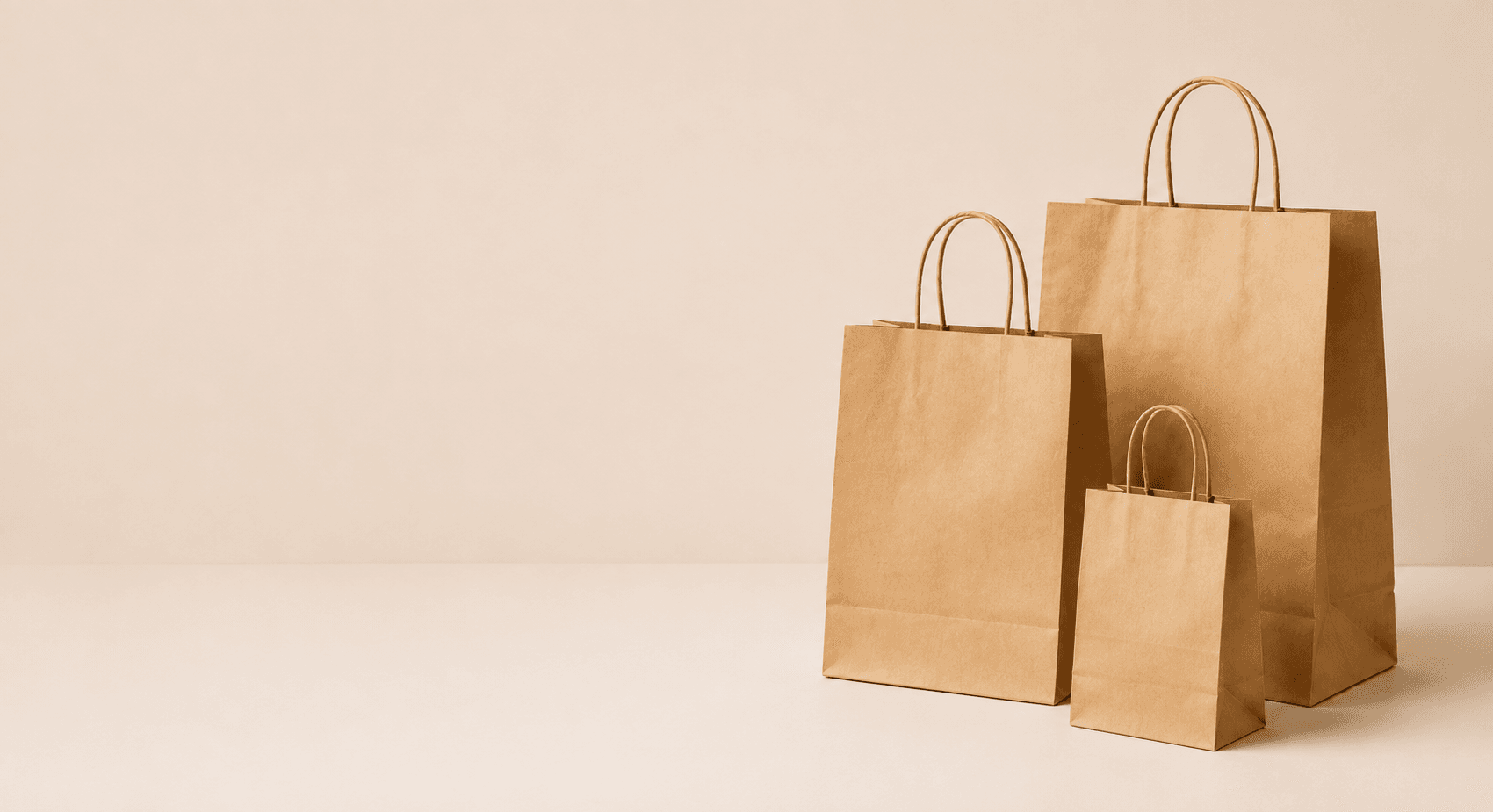 Three kraft paper shopping bags with twisted handles in graduated sizes